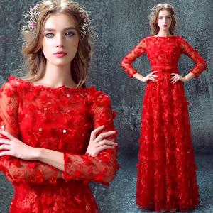 China Red Long Sleeves A Line Elegant Evening Dresses TSJY036 on sale