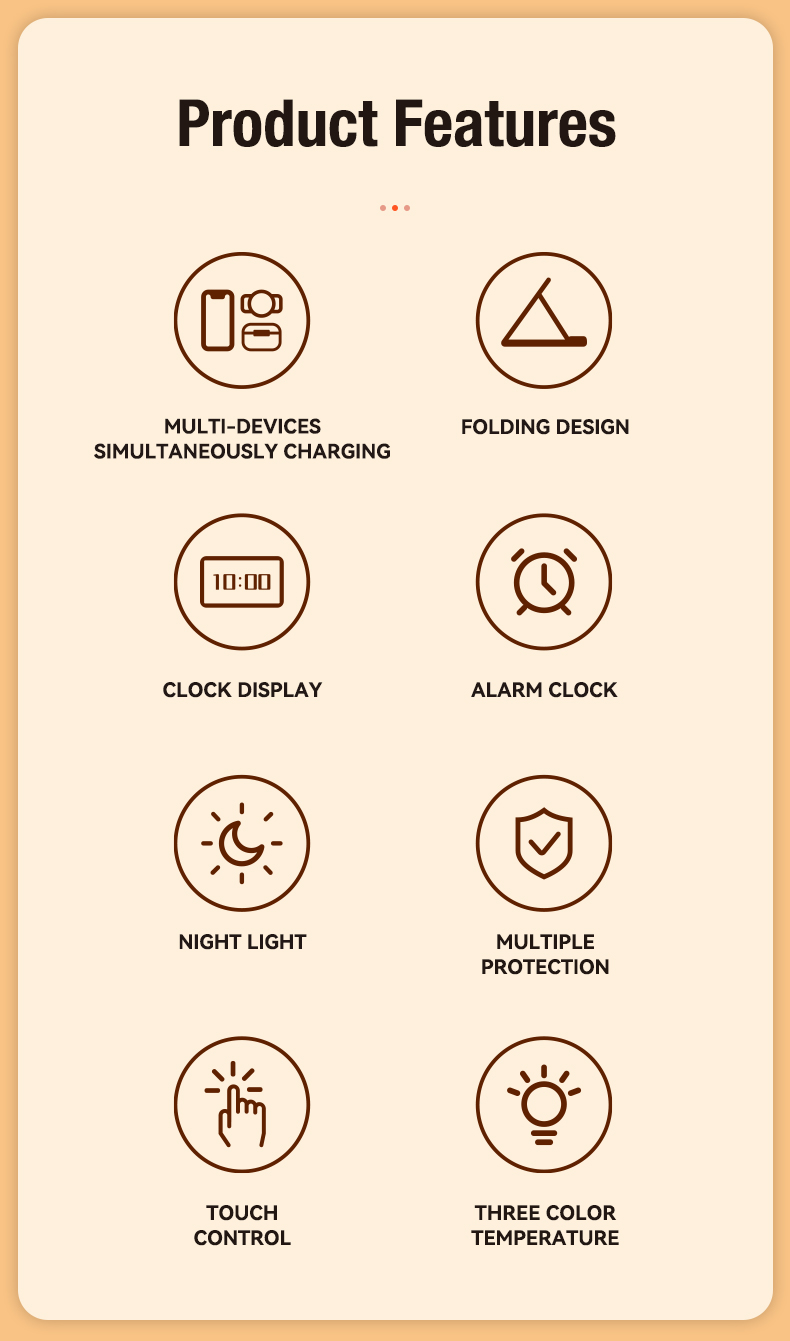 6 in 1 Magnetic Wireless Charger with LED Night Light and Clock Output 5W/7.5W/10W/15W ABS PC Material