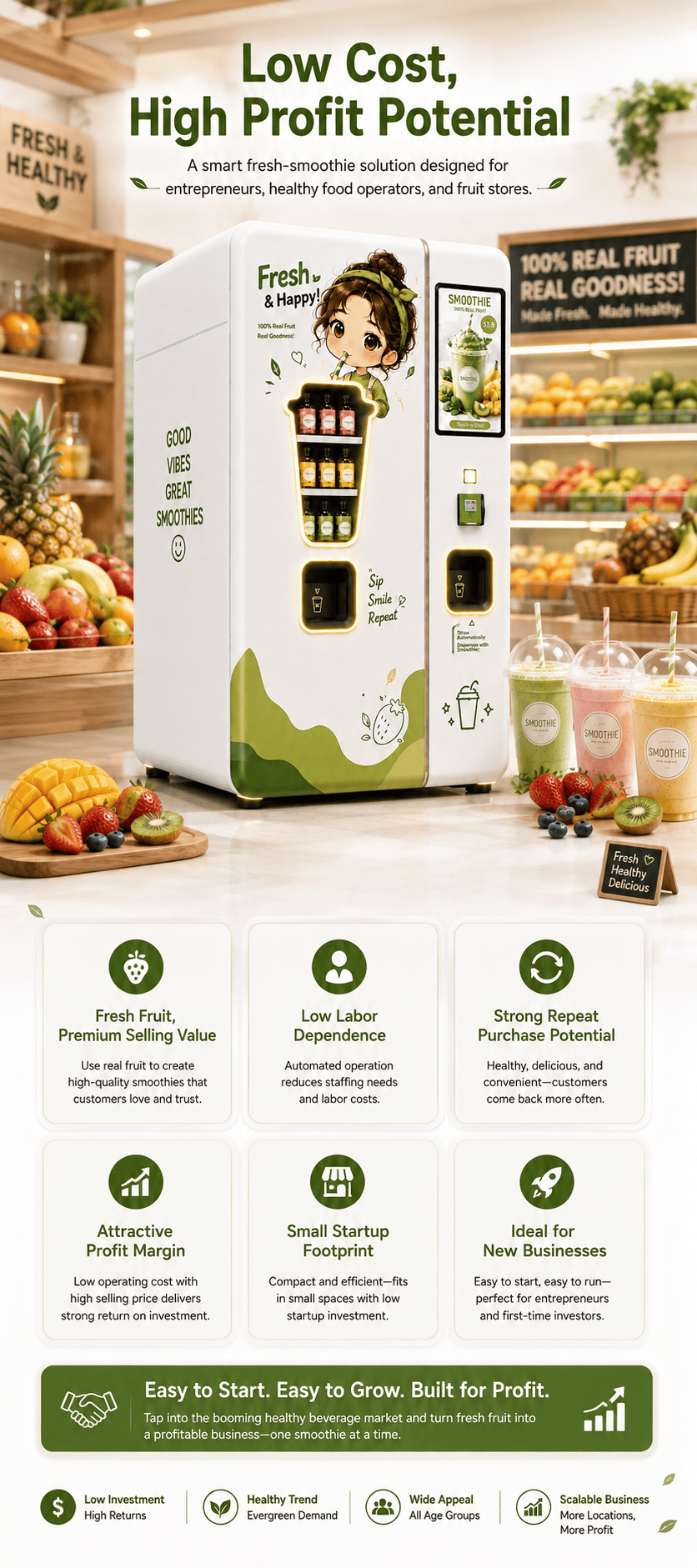 Small Fresh Smoothie Vending Machine with Automatic Blender, Smart Payment System, 21.5-Inch Touchscreen, Self-Cleaning Function for Healthy Beverage