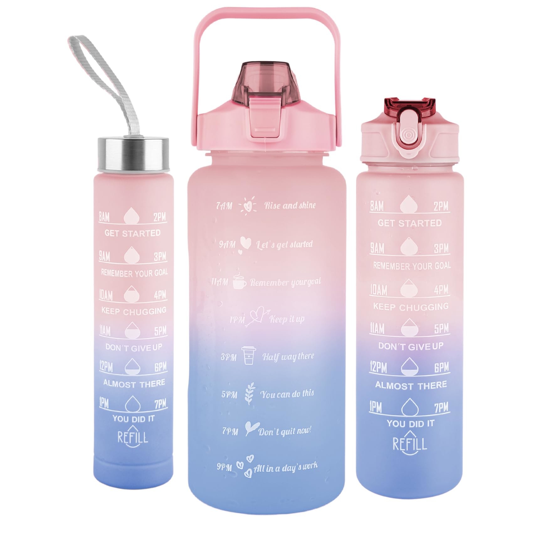 3PCS Sports Water Bottles With Straw Motivational 64oz 32oz 10oz Leakproof Half Gallon 2L Water Jugs For Sports Office Gym