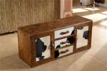 Full Handwork Craft Brown Leather TV Stand Cow Leather Fur Cover Brass Nails