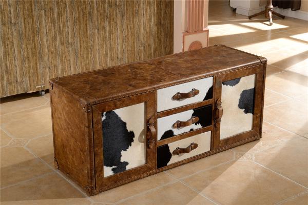 Full Handwork Craft Brown Leather TV Stand Cow Leather Fur Cover Brass Nails