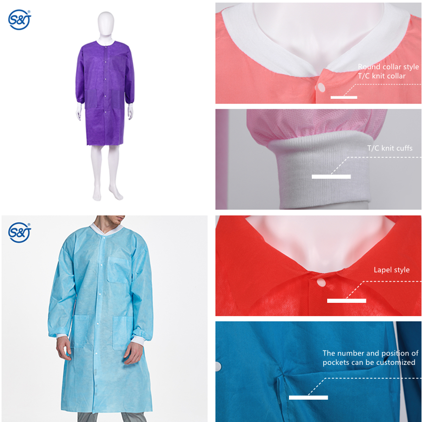 5 Buttons 3 Pockets Disposable Lab Coats Pink Purple Disposable Lab Coats