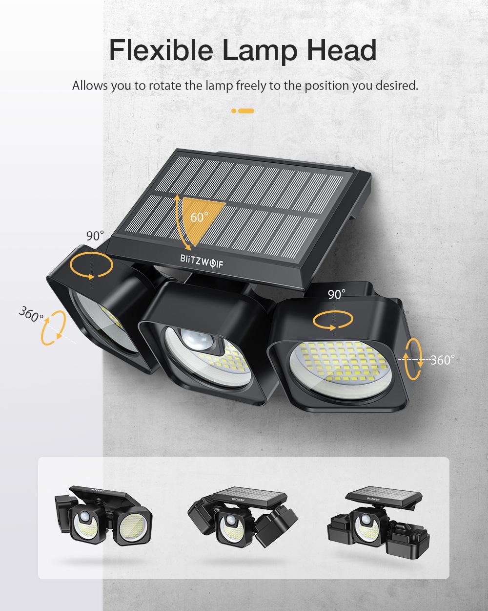 218LED 3 Heads 650lm Solar Power LED Lamp 1.3W IP64 Waterproof Wall Light