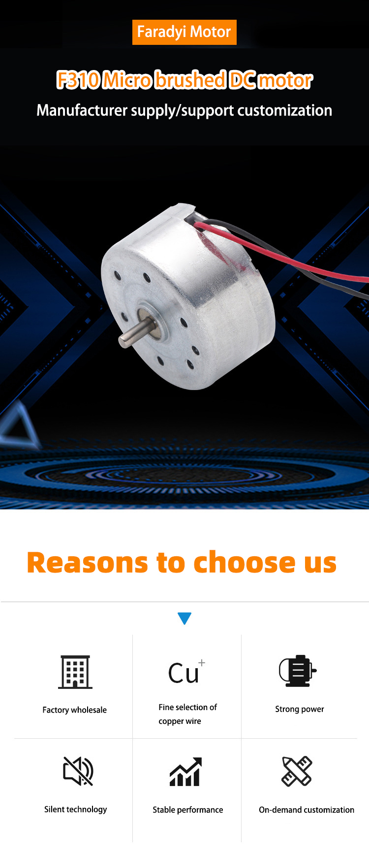 Faradyi Customized High Quality 310 Motor 2.5V 12V Carbon Brushed DC Motor Electric Bike With High Speed