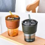 OEM ODM 400ml Glass Coffee Cup / Mug With Lid And Straw