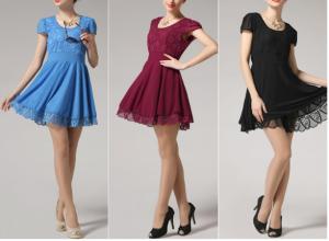 China Ruffled style Solid color Scoop neck Lace short sleeves Slimming Burnt-out dress for Women wholesale