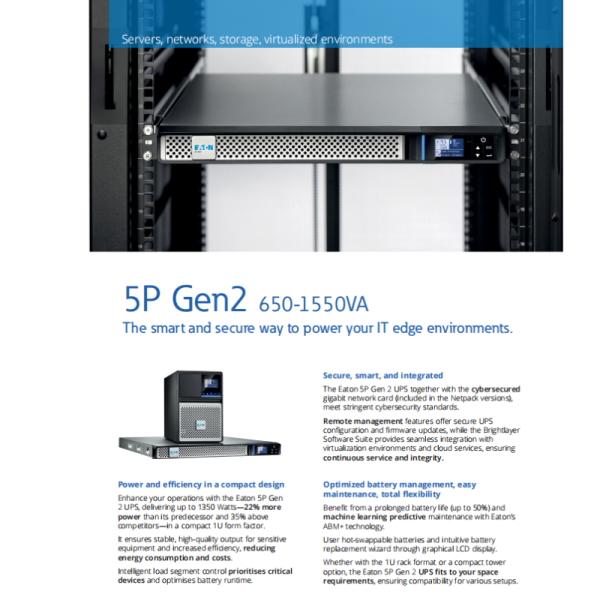 Eaton 5P Gen2 650VA 100Wh Line-interactive Tower UPS with 160V-294V Input Range