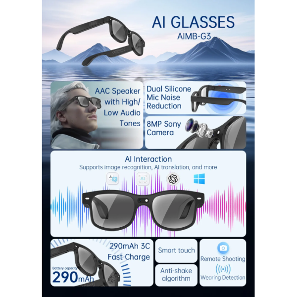 G3 AI Smart Glass With 8MP HD Camera Microphone Speakers