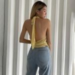 Temperament Hanging Neck Dewback Chiffon Pure Color Blouse Woman