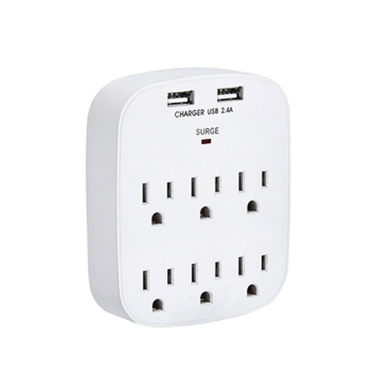 Wall Power Socket And Wall Tap One Input 6 Outlet 2 USB Surge UL cUL passed