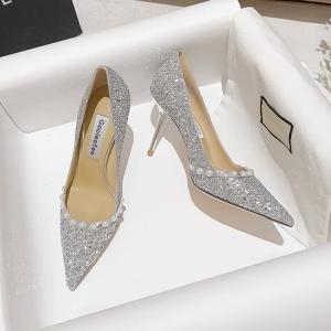 China Spring Ladies Wedding Pumps , Sheepskin Golden Shiny Pearl Crystal Shoes wholesale