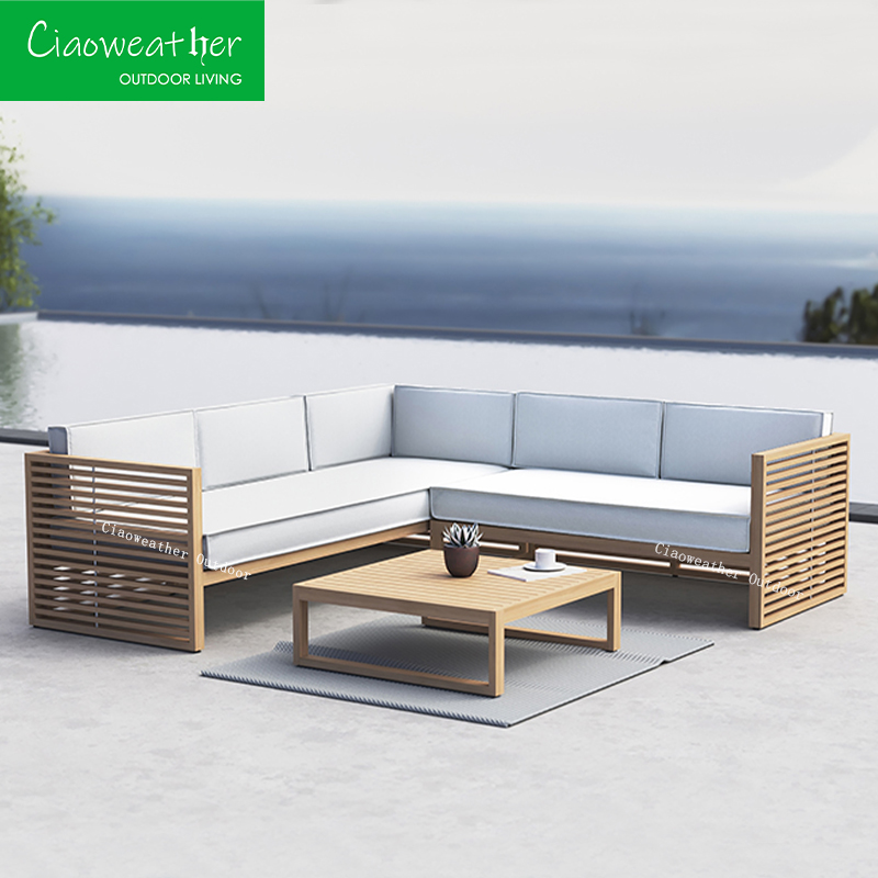 Customized Color OutdoorFoam Water-resistant Fabric Cushion Teak Wood Outdoor Patio Furniture Waterproof Teak Garden Sofa Set
