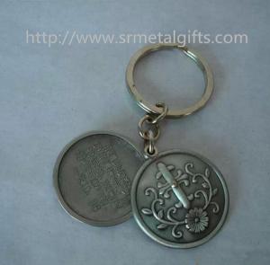 China Retro antique pewter religious theme coin holder keyrings, antique pewter coin keychains, wholesale