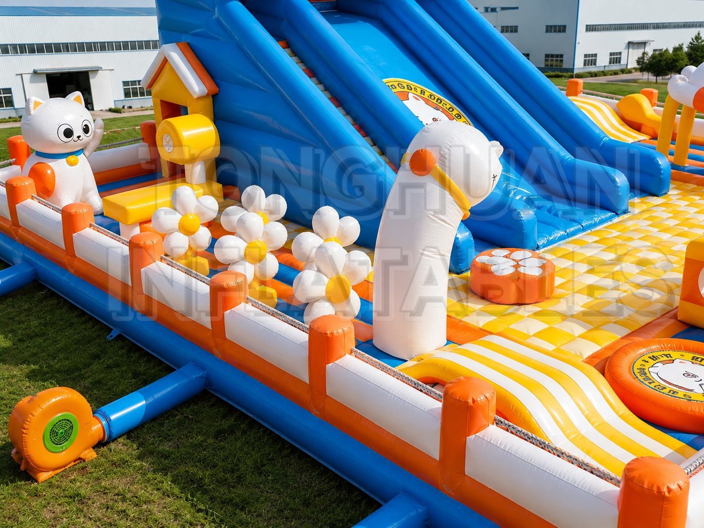 Custom Inflatable Amusement Park with Cat Theme Slide Ball Pit Challenge Course and Modular Play Zones for Commercial Projects