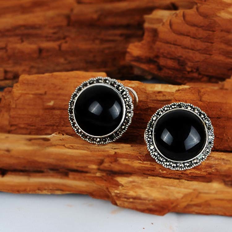 Thai Silver Jewelry 18mm Black Onyx with Marcasite Vintage Earrings (E11066)