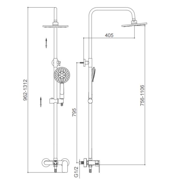 Slide Bar Wall Mounted bath Shower Column Set Rain Shower Head 3 Functions