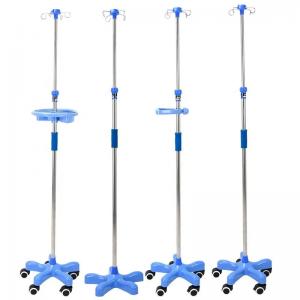China Hospital Four Legged Mobile Stainless Steel Infusion Set IV Pole Drip Rack With Wheels on sale