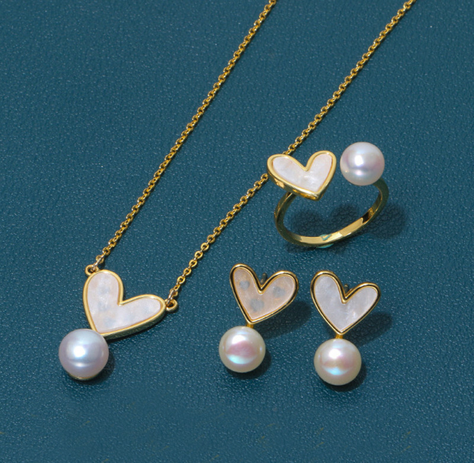 Natural Pearl Shell Chokers Necklace Heart Shape 925 Sterling Silver Necklace Shell Earring Ring Jewelry for Women Gift