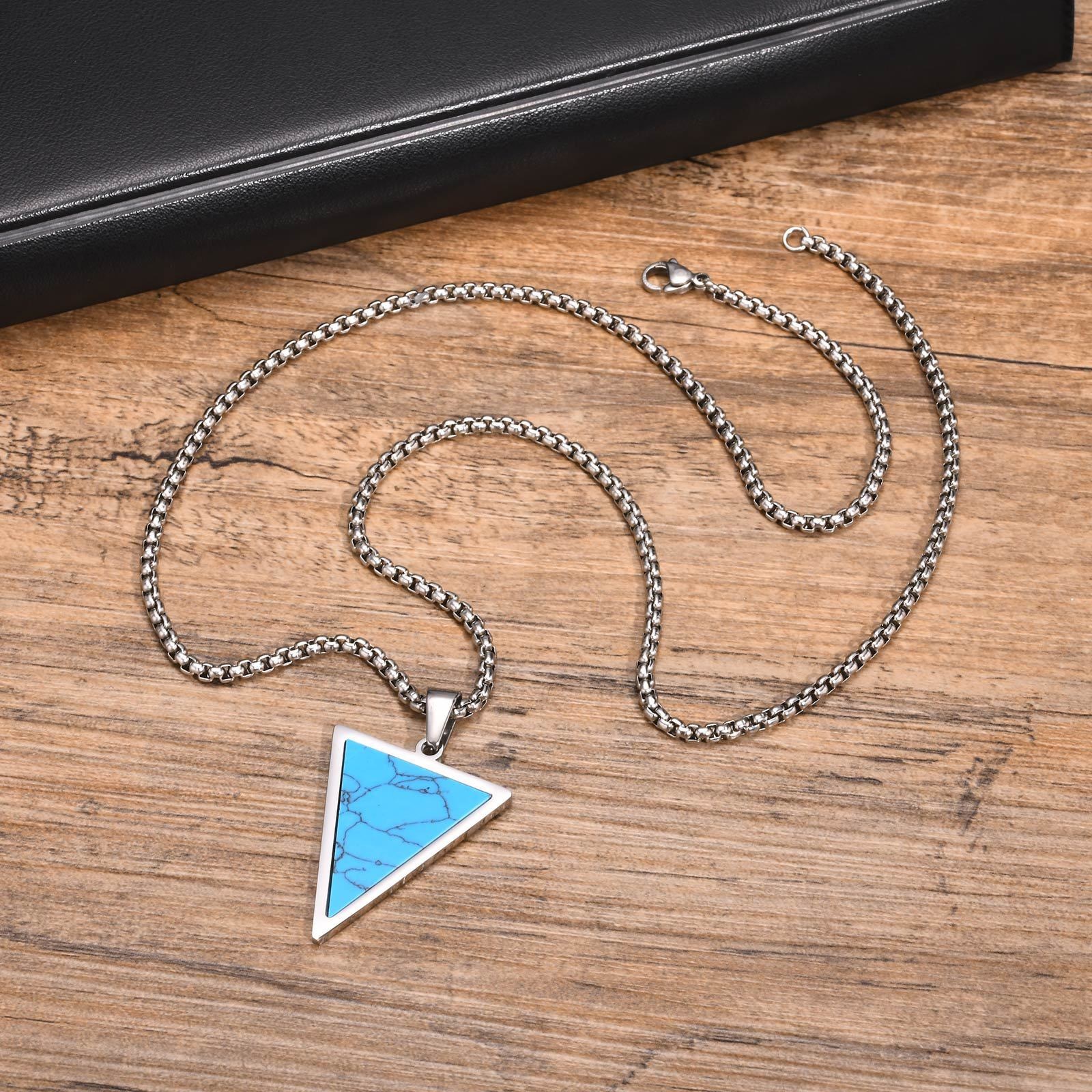 Triangular Stainless Steel Inlaid Turquoise Pendant for Men Length 60cm 23.62in
