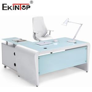 China Rectangle White Blue Office Computer Glass Desk Top With Drawers And Storage on sale