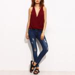 Plunging V-Neckline Cut Out Back Wrap Blouse Wholesale Chinese Clothing