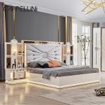 Luxury Royal Modern Wood Frame Double King Size Bed Leather Headboard Home