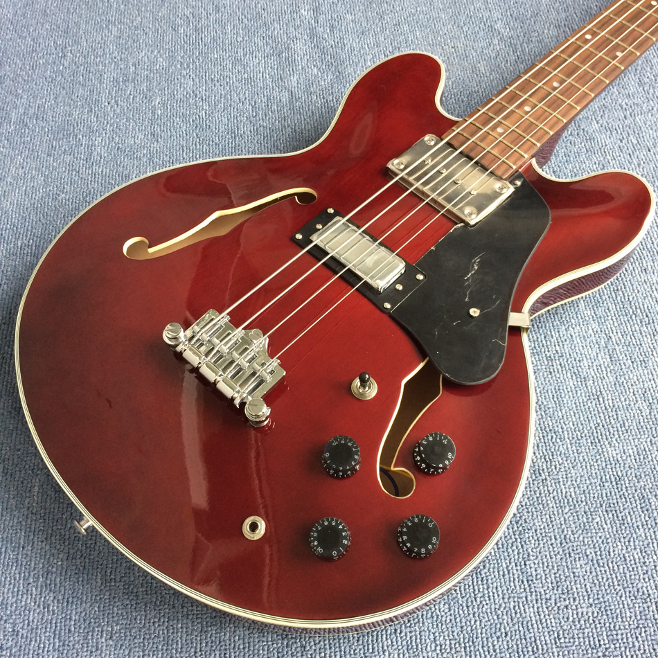 New style high-quality hollow body electric guitar 4 string bass, Double F holes, Wine red body,Free shipping