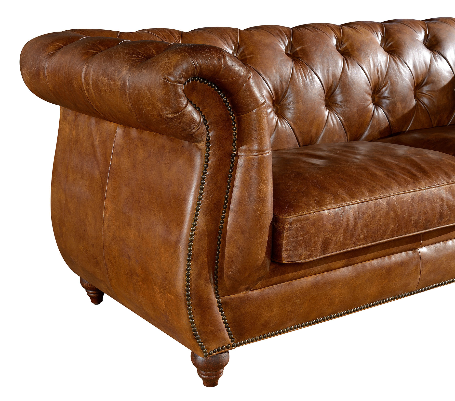 Retro Vintage Three Seater Leather Sofa With Brass Nails / Leather Buttons