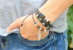 Flower wing charm black leather multi strands bracelets for men and women