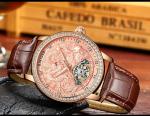 KINYUED Hollow water proof Leather strap Mechanical movement men watches