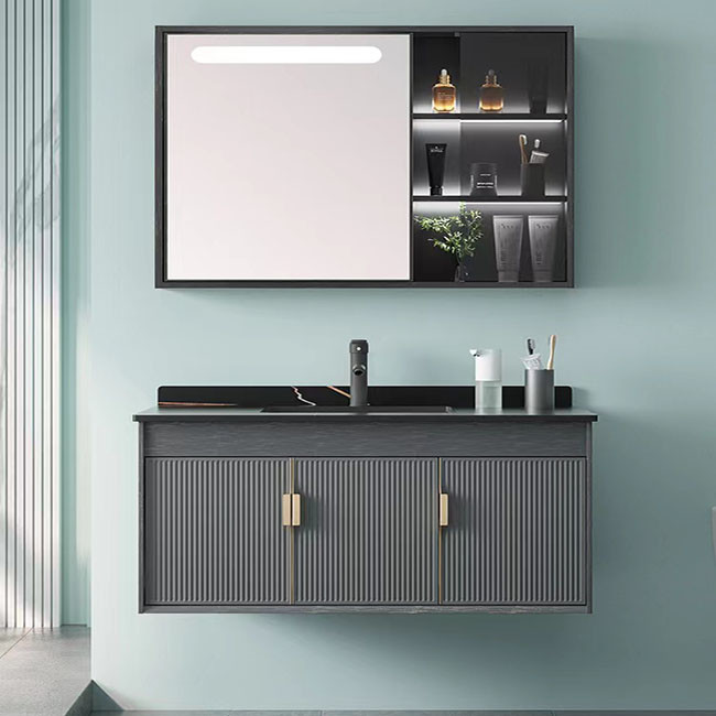 Grey Black Ceramic Wash Basin Cabinet Set Aluminium Mirrored Bathroom Cabinet Vanity