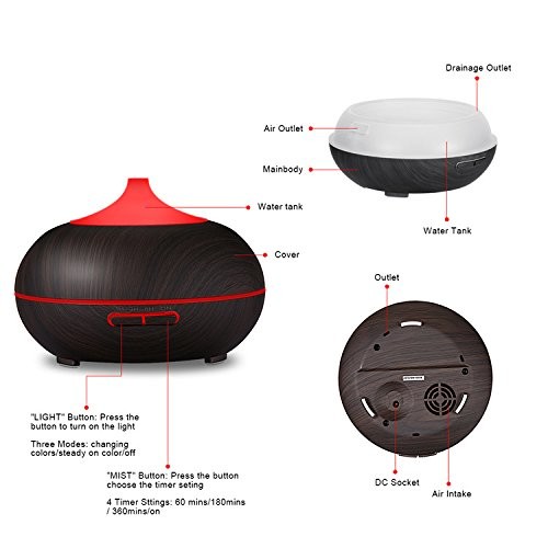 Whisper - Quiet 300ml Wood Grain Ultrasonic Cool Mist Humidifier