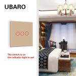 EU/UK Standard 3Gang 1Way Wall Light Touch Switch Gold Tempered Glass Panel