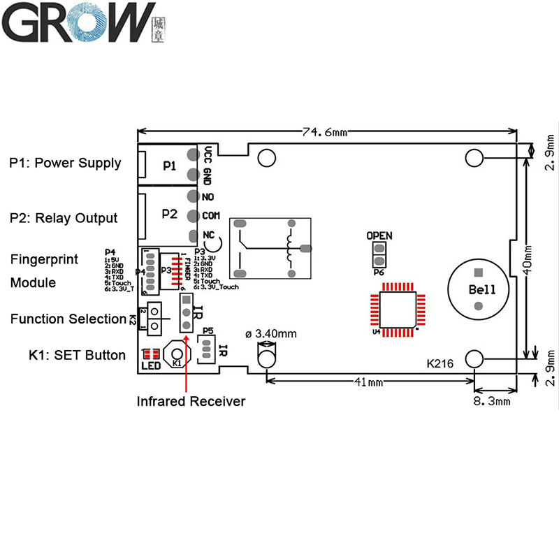 Grow Kl216+R502-Aw Round LED Fingerprint Access Control Board