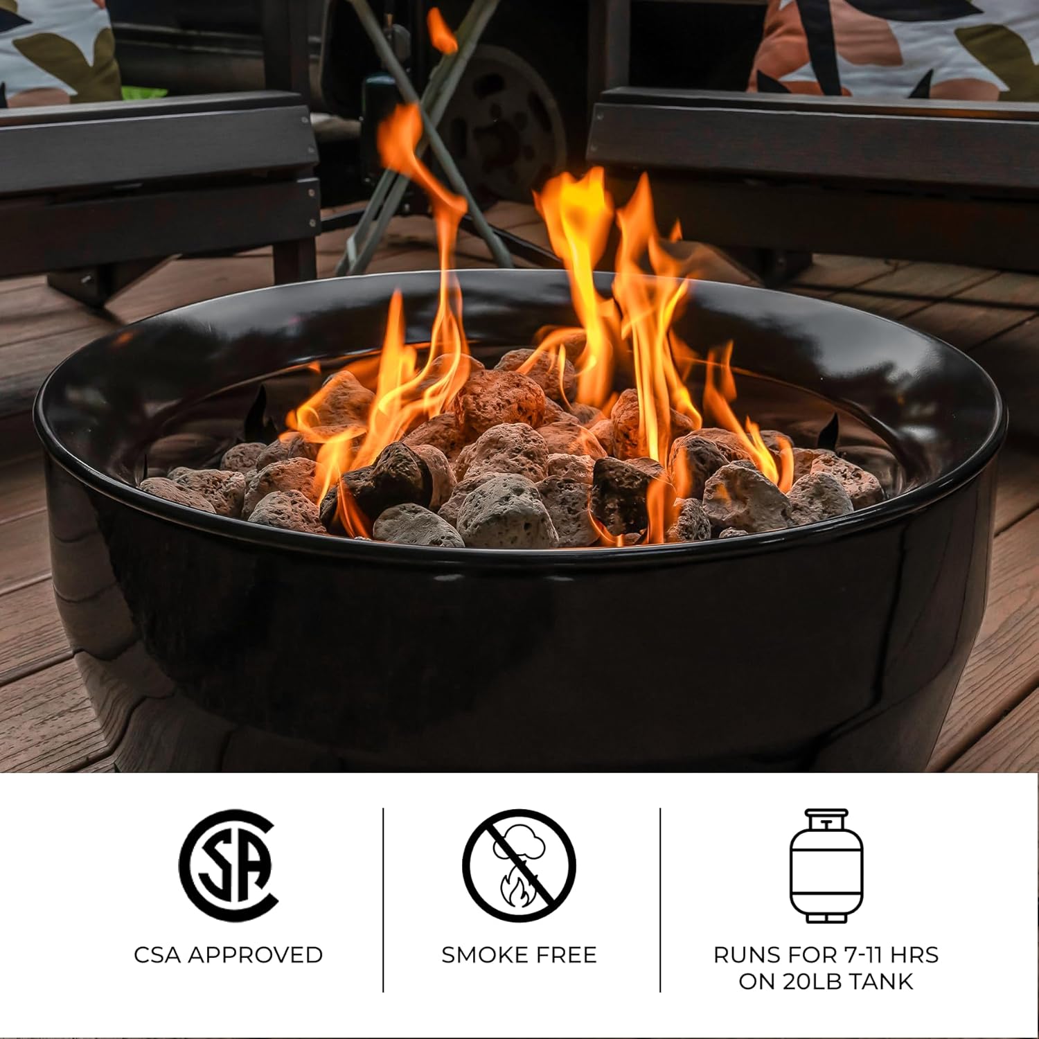 Smokeless Gas Fire Pit Round 24.2"D x 24.2"W x 11.1"H 60000 BTU for Outdoor Camping