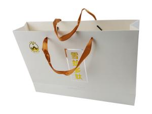 China White Color Gloss Art Paper Bags Custom Design Logo Gold Hot Stamping Embossing Craft Paper Bag wholesale
