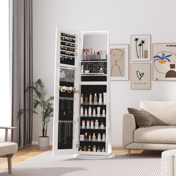 Lockable Jewelry Armoire Mirror with Rectangle Full Length Design, Velvet-Lined Drawers, and Vertical Hooks for Organized Storage