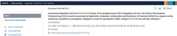 Entry 72 of Commission Regulation (EU) 2018/1513 amending Annex XVII of REACH