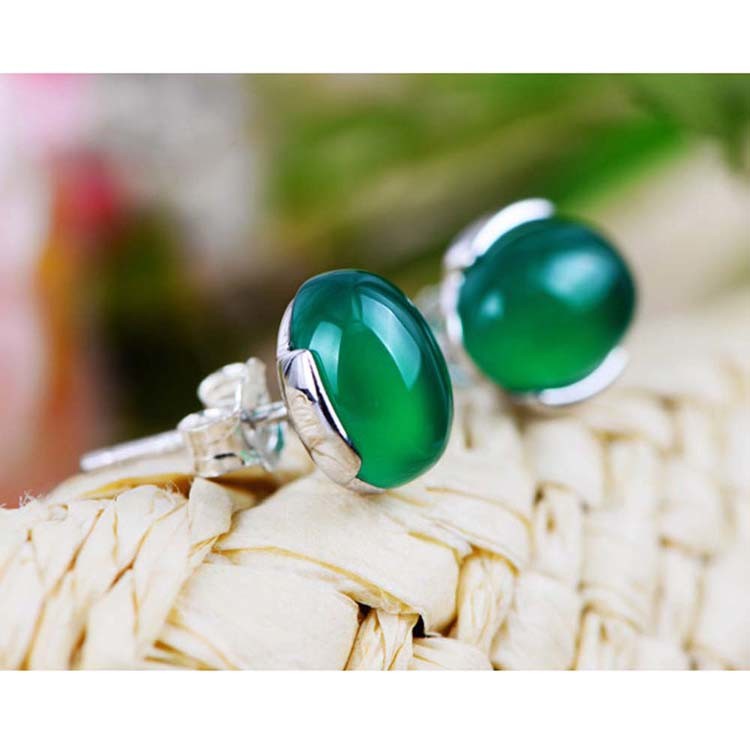 925 Sterling Silver Oval Green Onyx Bead Stud Earrings(033422W)