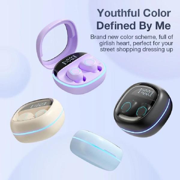 ETEK Transparent-Lid LED Display Wireless Earphones BT 5.3 Touch-Control Earphone F10 Speaker black white complexion Purple