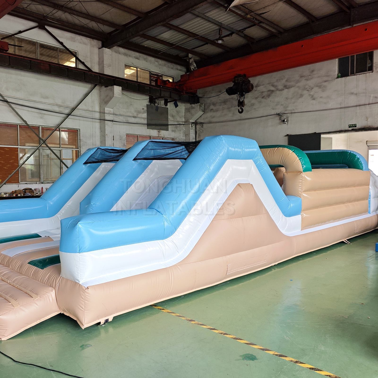 Macaron Color Inflatable Obstacle Course with Tunnels Climbing Walls Slide and Safety Mesh for Events Schools and Rental Business
