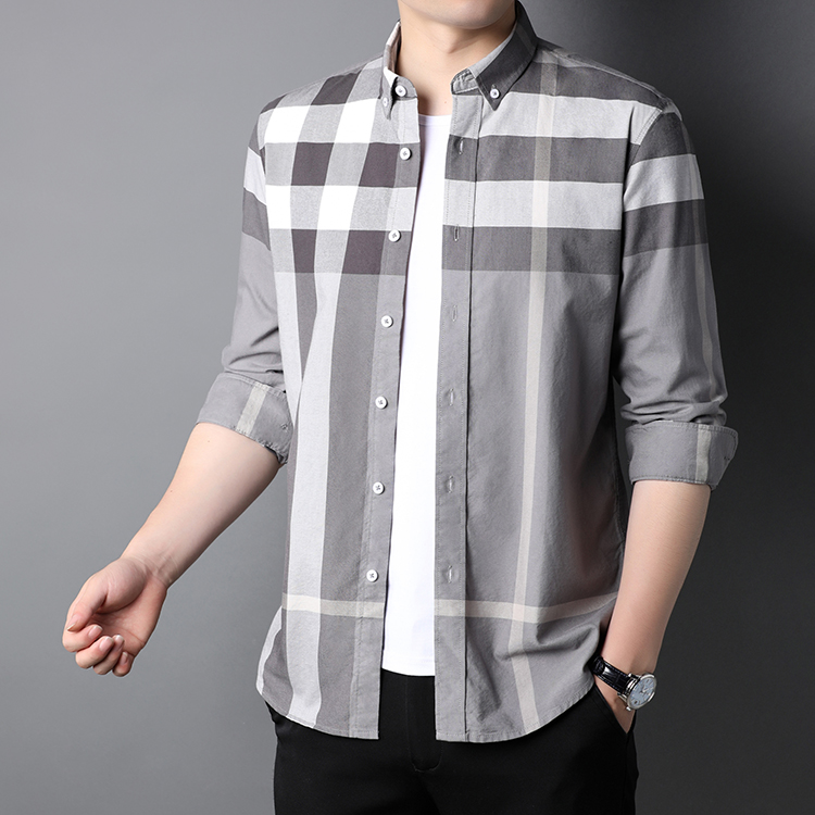 2023 Solid Grey Check Men's Casual Dress Shirt in Spring and Autumn for S-2XL Mens Shirts