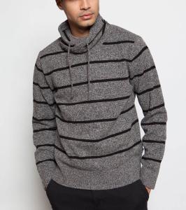 China Warm Striped Knit Pullover Sweater With Drawstring Full Lambswool Material wholesale