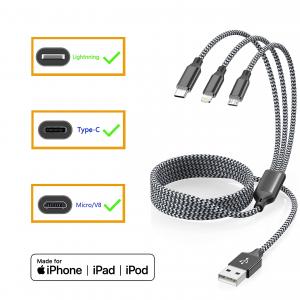 China 3 in 1 Multi Phone Cord with Type C/Micro/Lightning USB Connectors USB Charging Cable wholesale