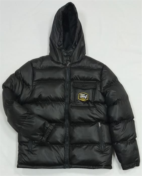 Black Mens Hooded Padded Jacket Mens High Shine Parka Coat Lightweight