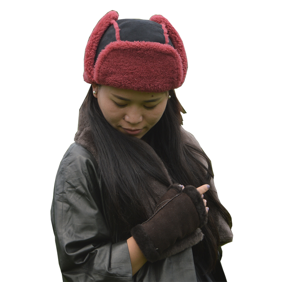 Australian Shearling Sheepskin Double Face Ladies Leather Fur Trim Trapper Hat with Earflap in Winter