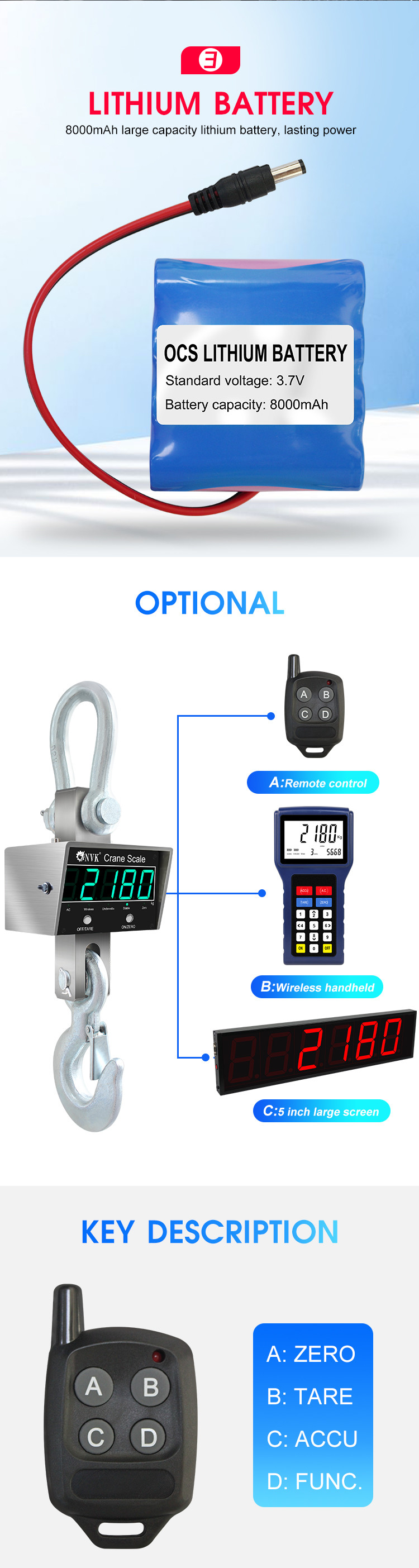 1/2/3/5/10T Industrial Remote Stainless Steel Crane Scale Hook hanging Weighing Scale