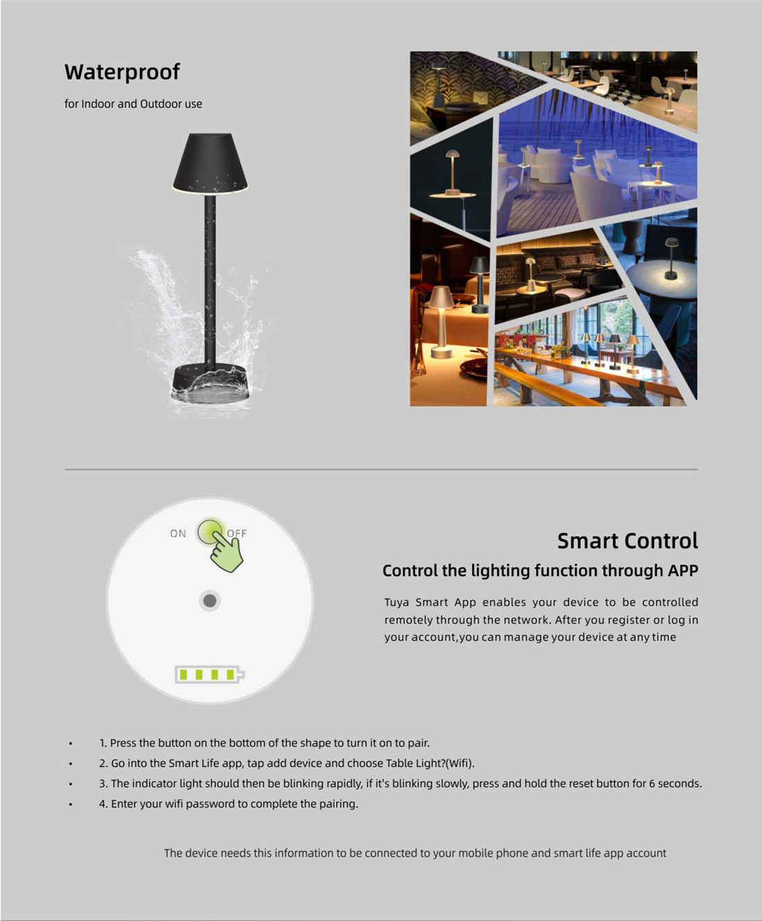 Wifi Rechargeable Table Lamp Dimmable RGBW Night Light, Waterproof for Living Rooms, Bedrooms and Outdoor