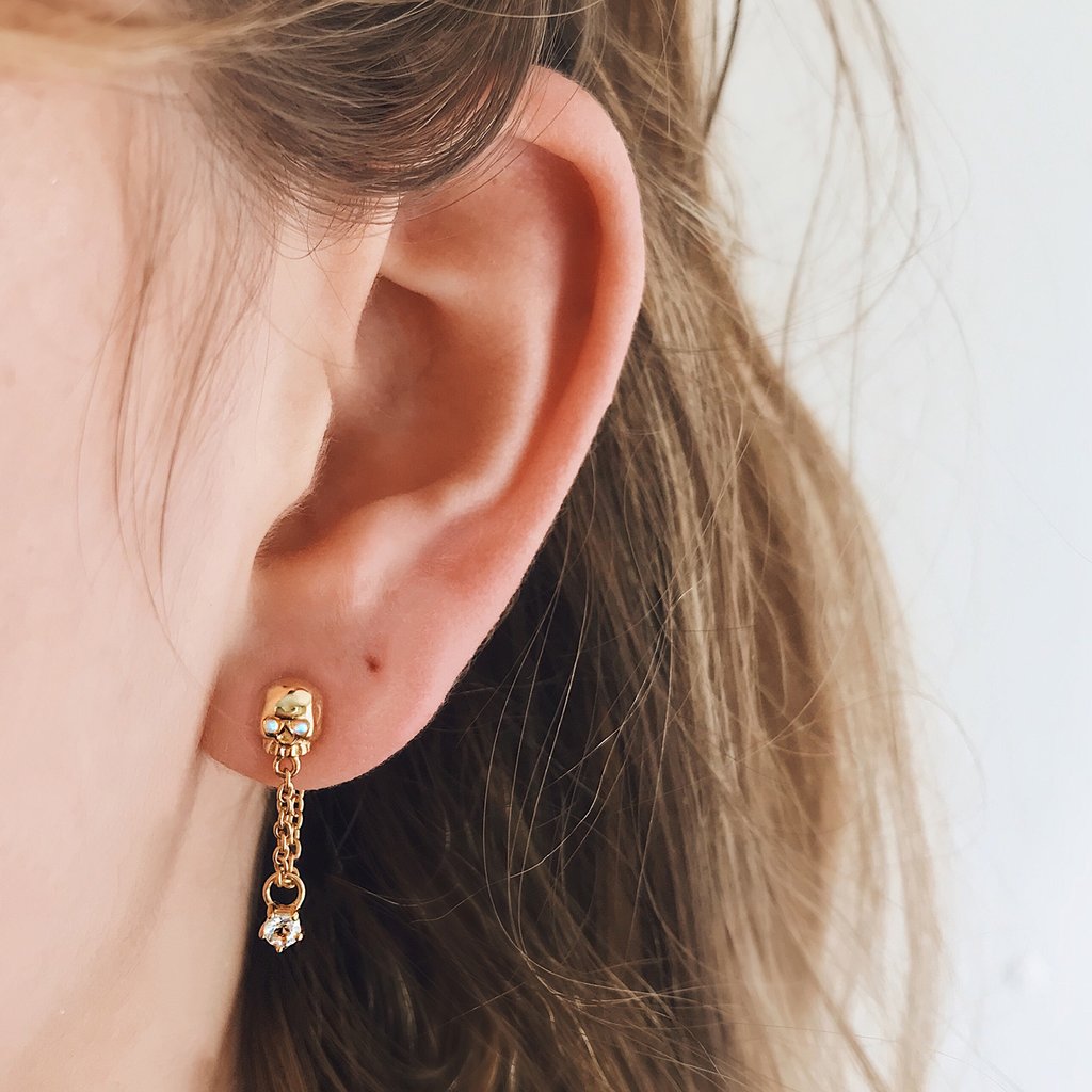 18K Gold Plated Handmade Opal Stone Skull Chain Drop Women's Earring